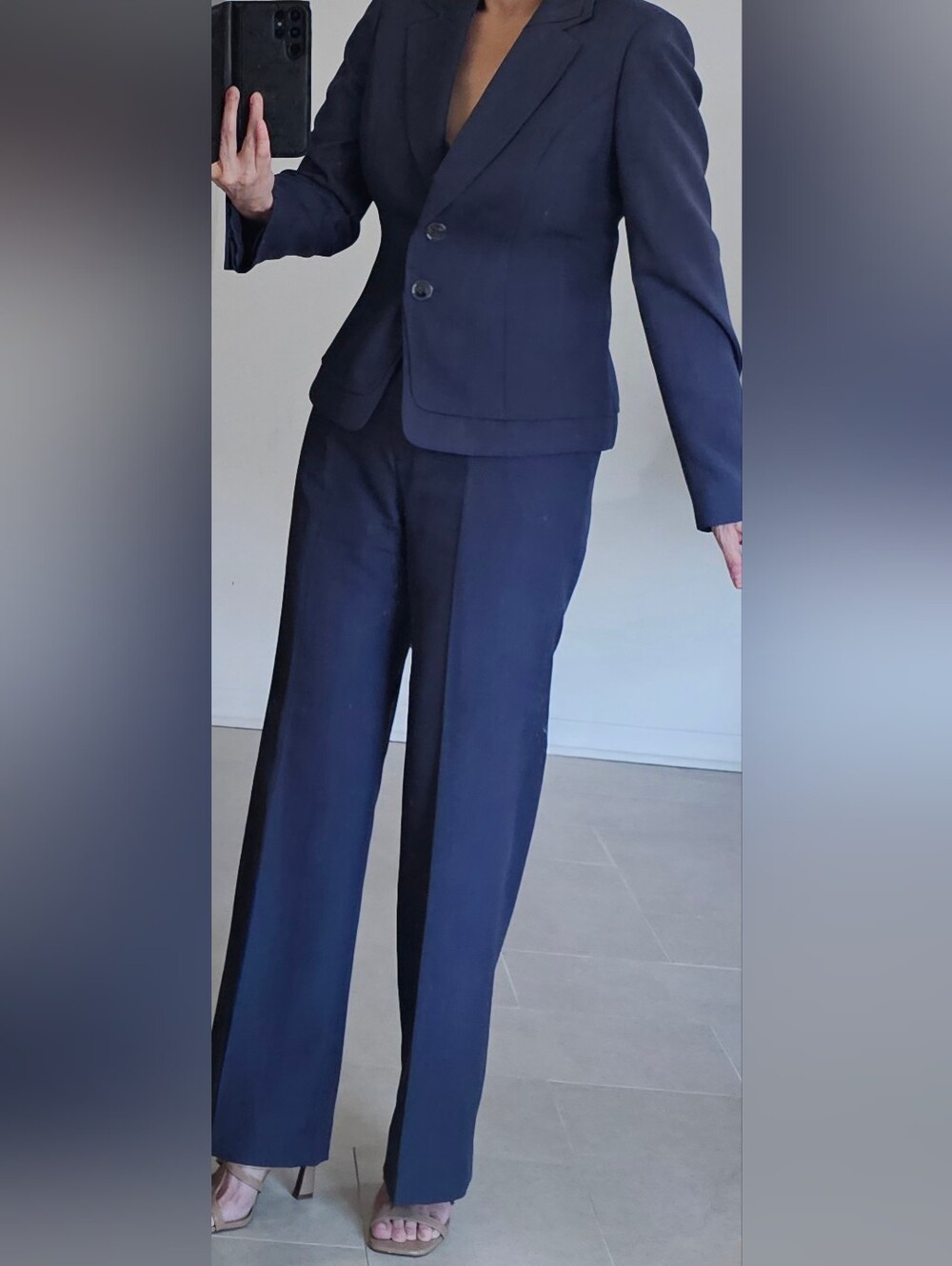 Kasper Navy Women's Two-Button Blazer and Wide-Leg Trousers Suit